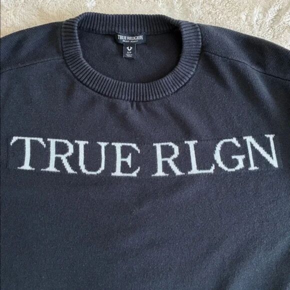 True Religion Sweater Size S Navy Cropped Crew Neck Pullover Streetwear Urban - Picture 3 of 9